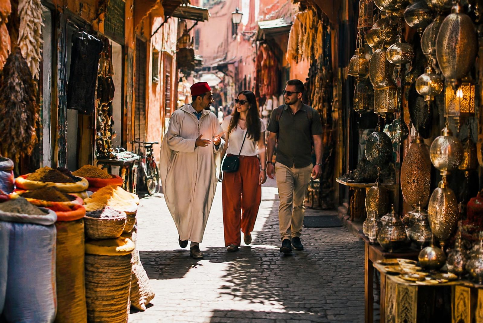 Guide agréé francophone expliquant l'architecture d'un patio de zellige dans la médina de Marrakech