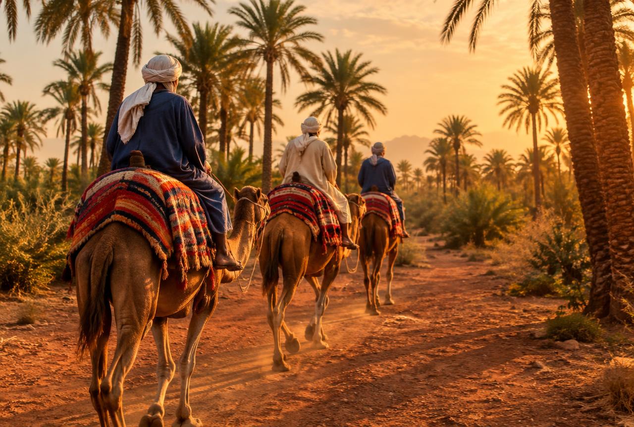 Balade à dos de chameau dans la Palmeraie de Marrakech au coucher du soleil