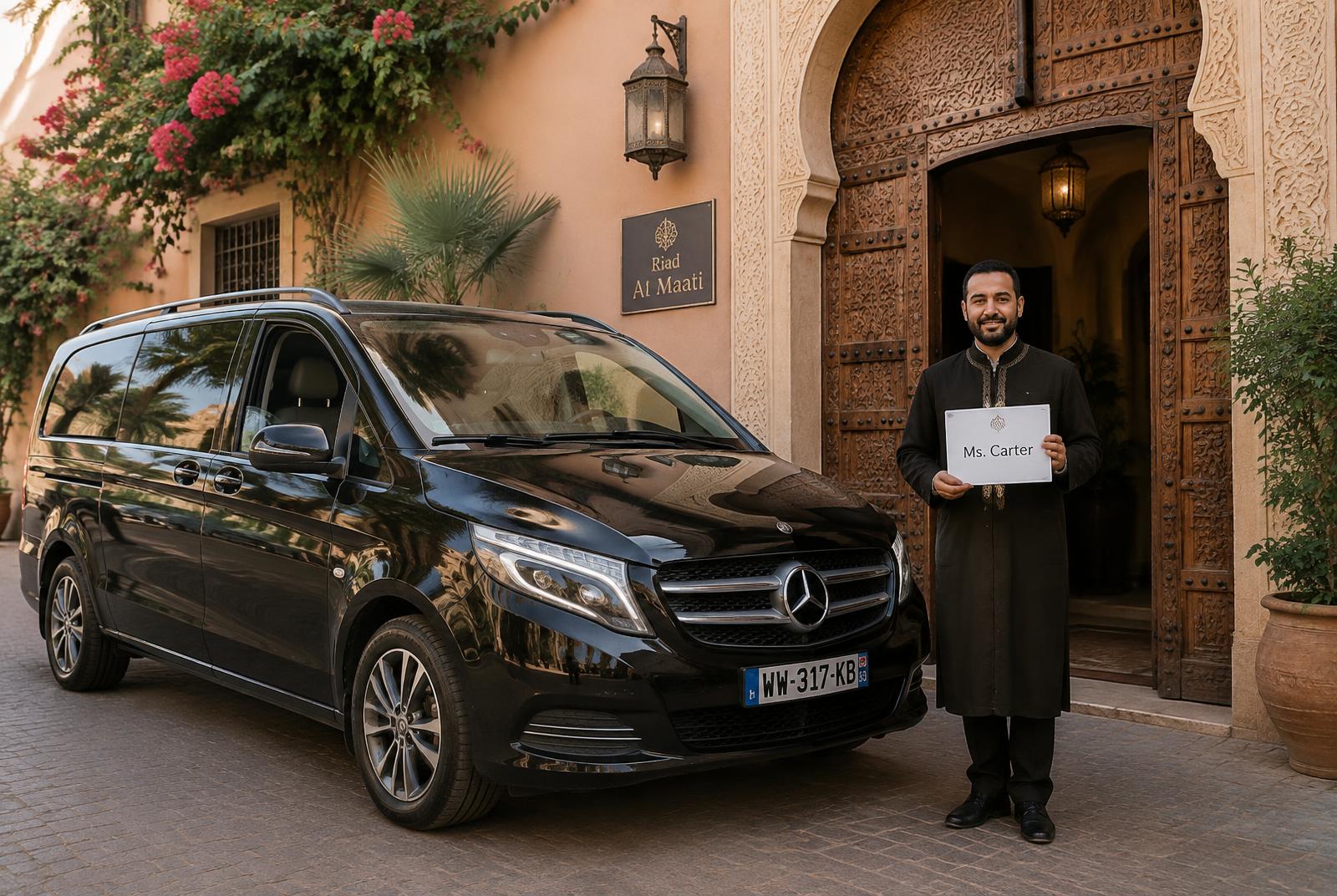 Chauffeur tenant une pancarte nominative à la sortie des arrivées de l'aéroport Marrakech-Menara